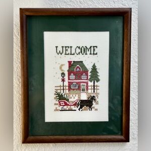 Vintage Holiday Needlepoint “WELCOME” Completed w/ Custom Frame HAND MADE